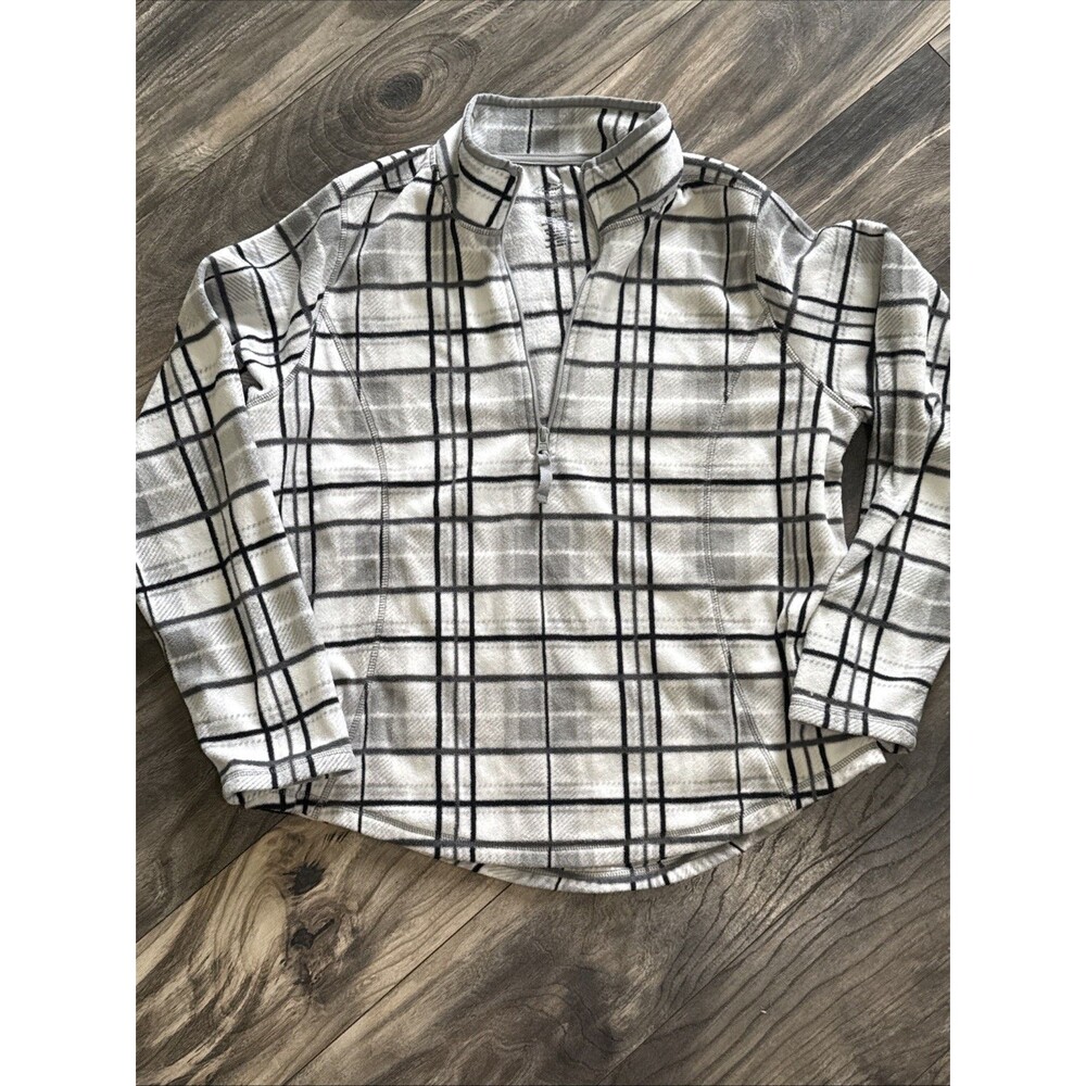 St John’s Bay Fleece Pullover Womens Petite L Gray Plaid 1/4 Zip Jacket Cozy